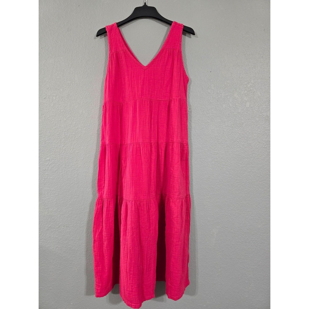 Quince Dress Womens Large Pink Tiered Gauze V Neck Sleeveless Maxi Boho Cotton